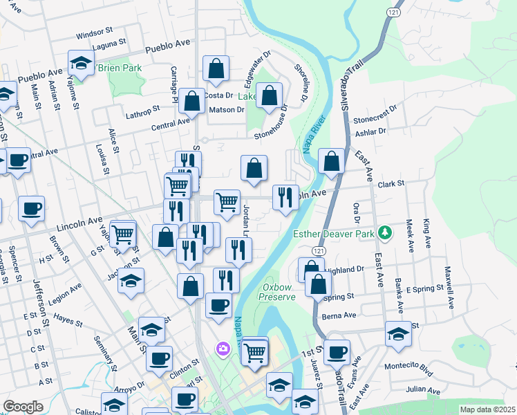map of restaurants, bars, coffee shops, grocery stores, and more near 575 Lincoln Avenue in Napa