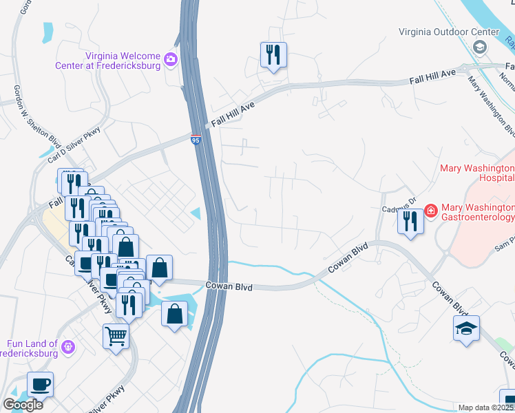 map of restaurants, bars, coffee shops, grocery stores, and more near 1410 Preserve Lane in Fredericksburg