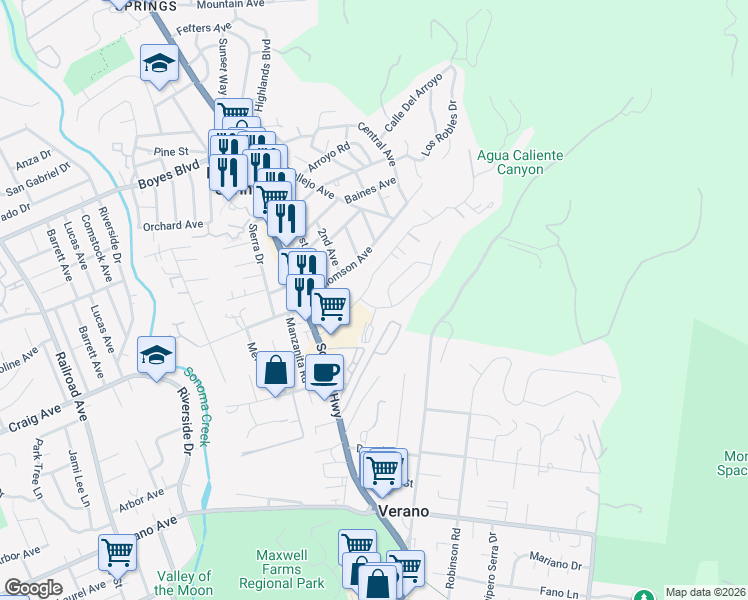 map of restaurants, bars, coffee shops, grocery stores, and more near 605 Barcelona Drive in Sonoma