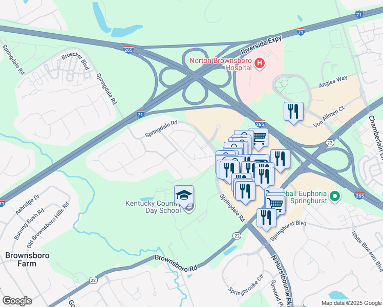 map of restaurants, bars, coffee shops, grocery stores, and more near 9101 Crowne Springs Circle in Louisville