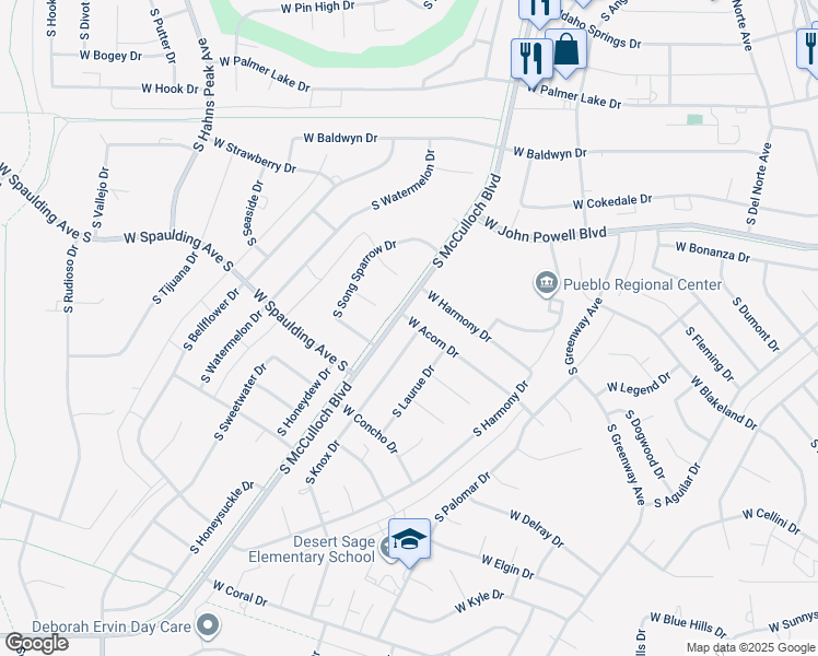 map of restaurants, bars, coffee shops, grocery stores, and more near 705 South Knox Drive in Pueblo West