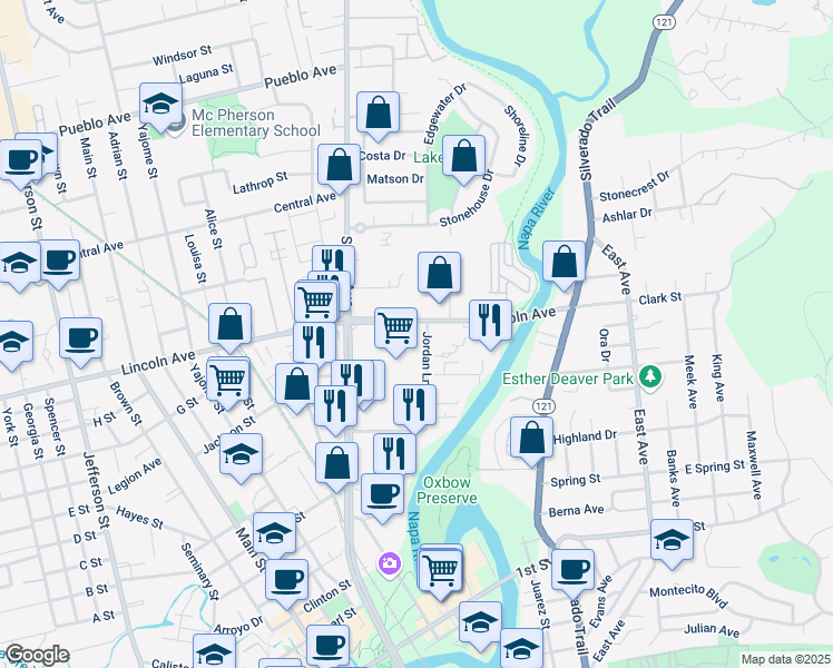 map of restaurants, bars, coffee shops, grocery stores, and more near in Napa
