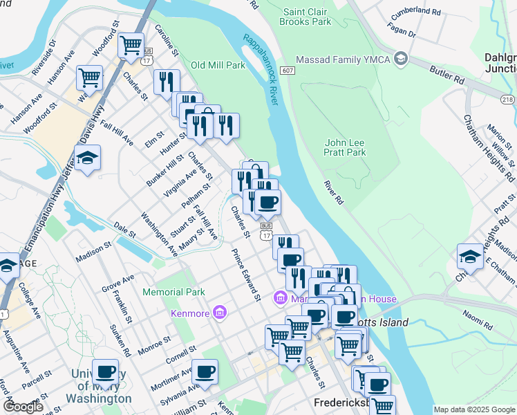 map of restaurants, bars, coffee shops, grocery stores, and more near 1625 Princess Anne Street in Fredericksburg
