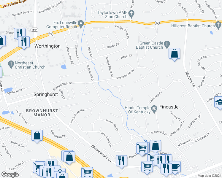 map of restaurants, bars, coffee shops, grocery stores, and more near 10710 Hickory Cove Court in Louisville