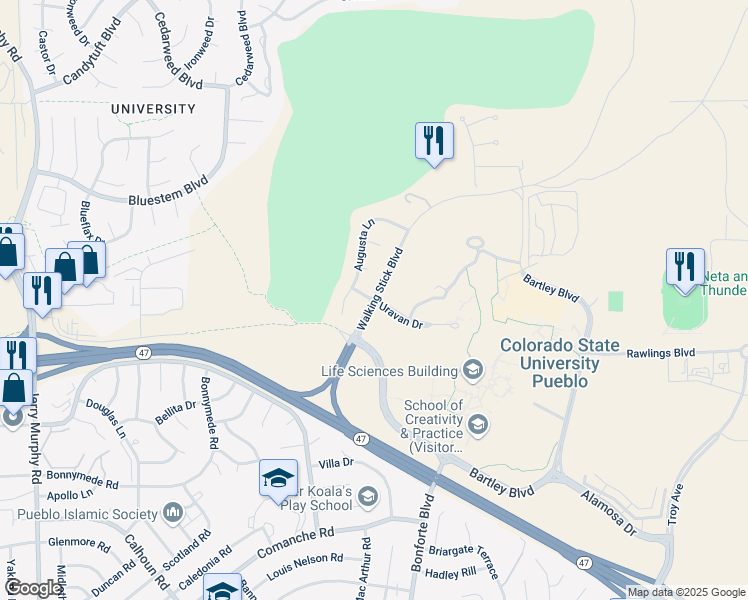 map of restaurants, bars, coffee shops, grocery stores, and more near 1601 Doral Drive in Pueblo