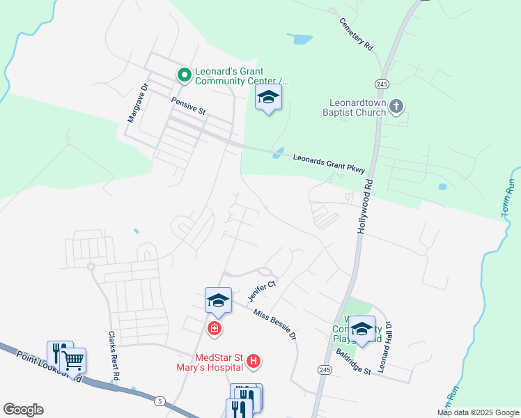 map of restaurants, bars, coffee shops, grocery stores, and more near 41590 Yoke Court in Leonardtown