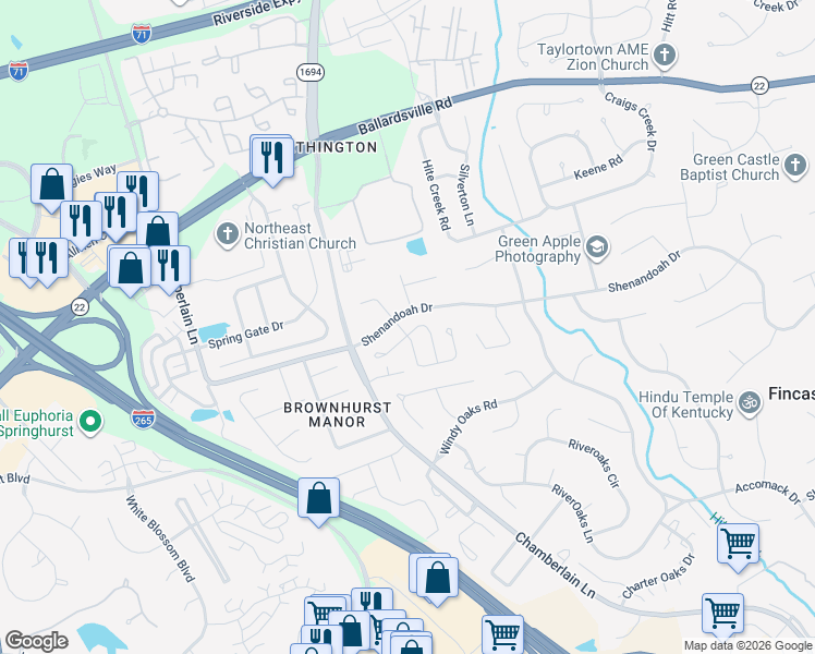 map of restaurants, bars, coffee shops, grocery stores, and more near 10405 Going Court in Louisville