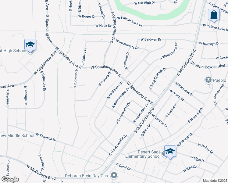 map of restaurants, bars, coffee shops, grocery stores, and more near 736 S Bellflower Dr in Pueblo