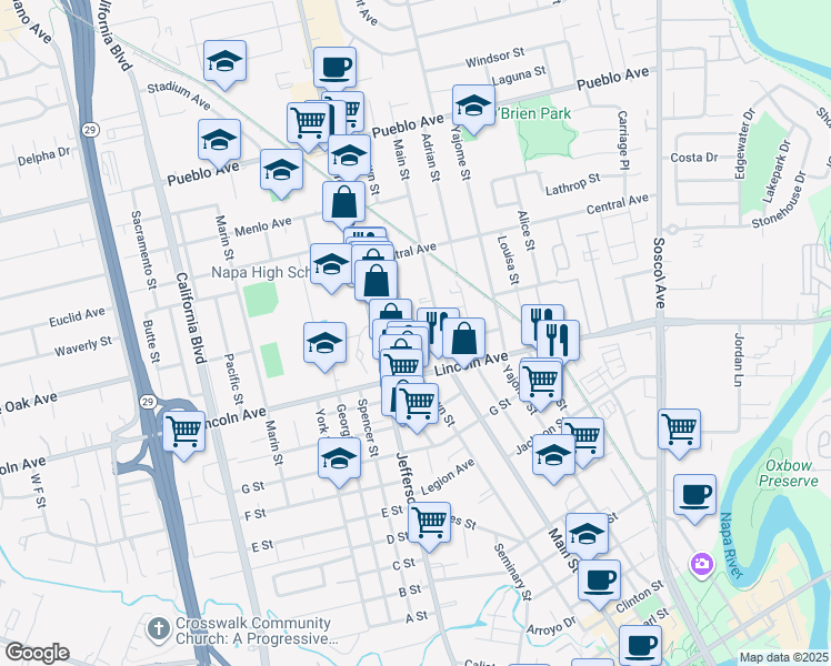 map of restaurants, bars, coffee shops, grocery stores, and more near 2245 Brown Street in Napa
