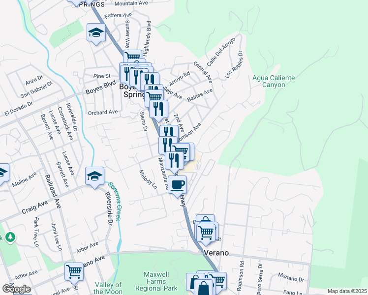 map of restaurants, bars, coffee shops, grocery stores, and more near 126 East Thomson Avenue in Sonoma