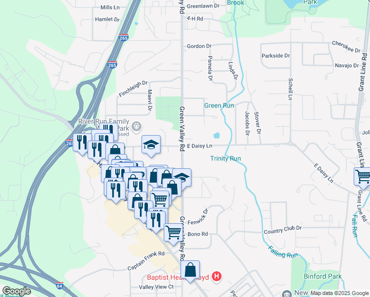 map of restaurants, bars, coffee shops, grocery stores, and more near 2324 Green Valley Road in New Albany