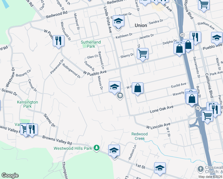 map of restaurants, bars, coffee shops, grocery stores, and more near 2334 West Park Avenue in Napa