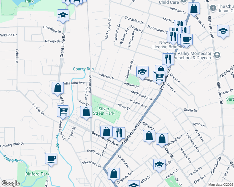 map of restaurants, bars, coffee shops, grocery stores, and more near 2006 Indiana Avenue in New Albany