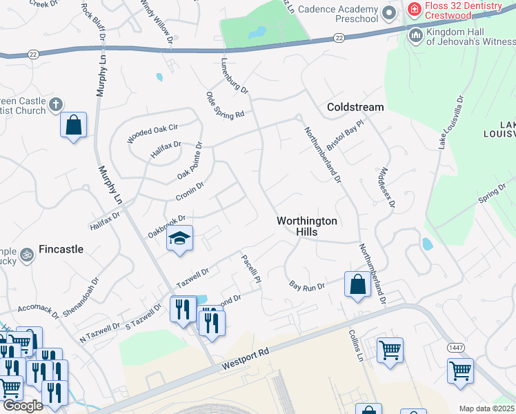 map of restaurants, bars, coffee shops, grocery stores, and more near 11722 Oak Bay Drive in Louisville