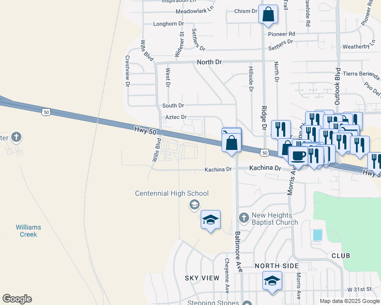map of restaurants, bars, coffee shops, grocery stores, and more near 2220 U.S. 50 in Pueblo