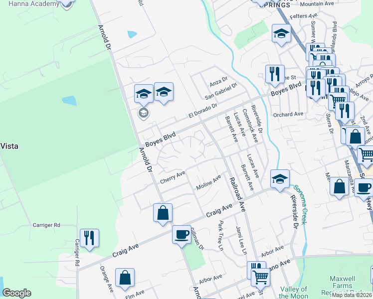 map of restaurants, bars, coffee shops, grocery stores, and more near 18113 California Court in Sonoma