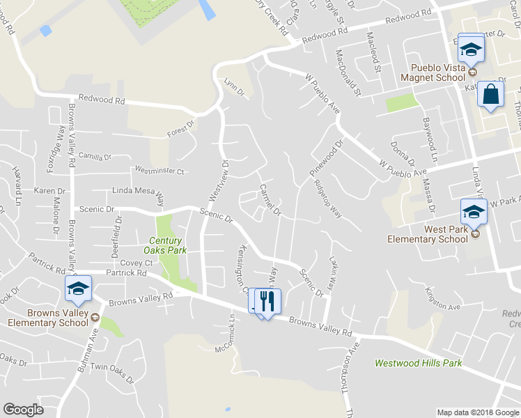 map of restaurants, bars, coffee shops, grocery stores, and more near 3205 Atherton Circle in Napa