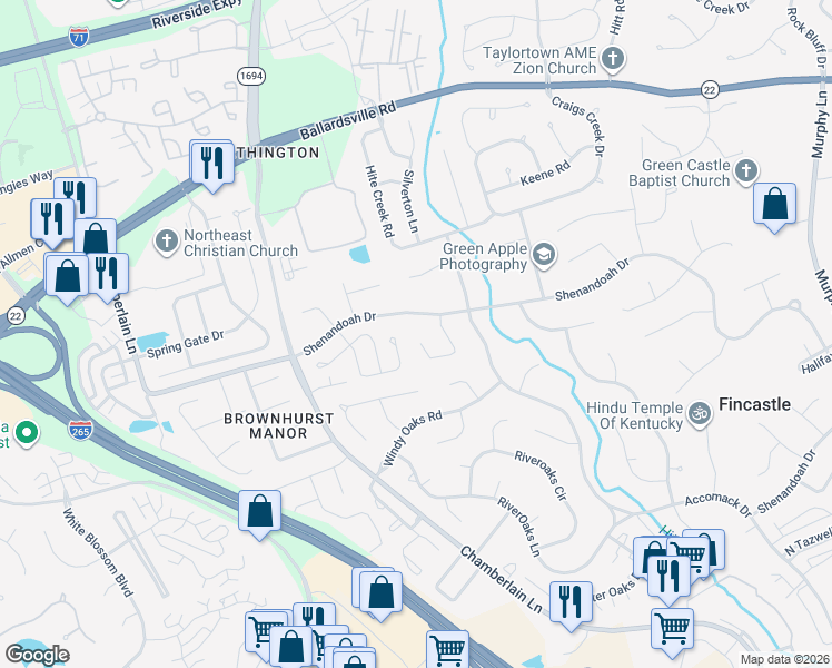 map of restaurants, bars, coffee shops, grocery stores, and more near 10501 Yager Court in Louisville