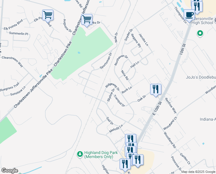 map of restaurants, bars, coffee shops, grocery stores, and more near 1327 Ridgeway Drive in Jeffersonville