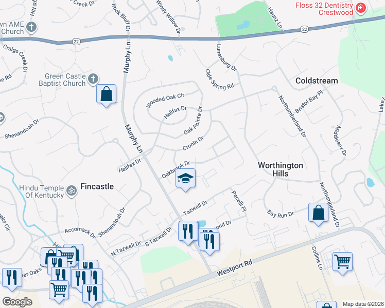 map of restaurants, bars, coffee shops, grocery stores, and more near 11910 Oak Bay Place in Louisville