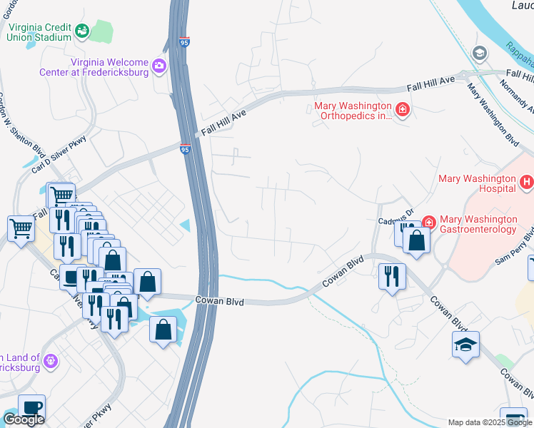 map of restaurants, bars, coffee shops, grocery stores, and more near 1009 Julia's Place in Fredericksburg