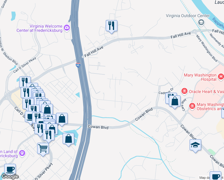 map of restaurants, bars, coffee shops, grocery stores, and more near 1009 Julia's Place in Fredericksburg