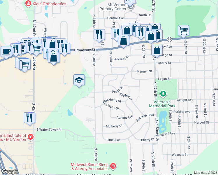map of restaurants, bars, coffee shops, grocery stores, and more near 3213 Apple Avenue in Mount Vernon