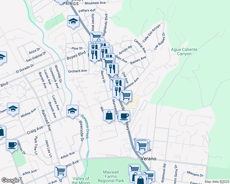 map of restaurants, bars, coffee shops, grocery stores, and more near 18460 Sonoma Highway in Sonoma