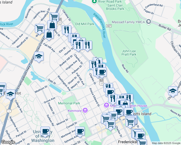 map of restaurants, bars, coffee shops, grocery stores, and more near 1713 Charles Street in Fredericksburg