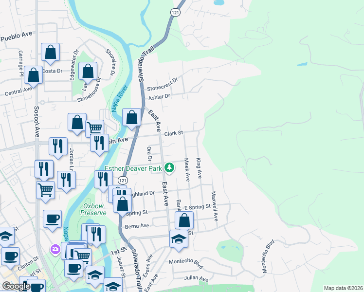 map of restaurants, bars, coffee shops, grocery stores, and more near 1701 Meek Avenue in Napa