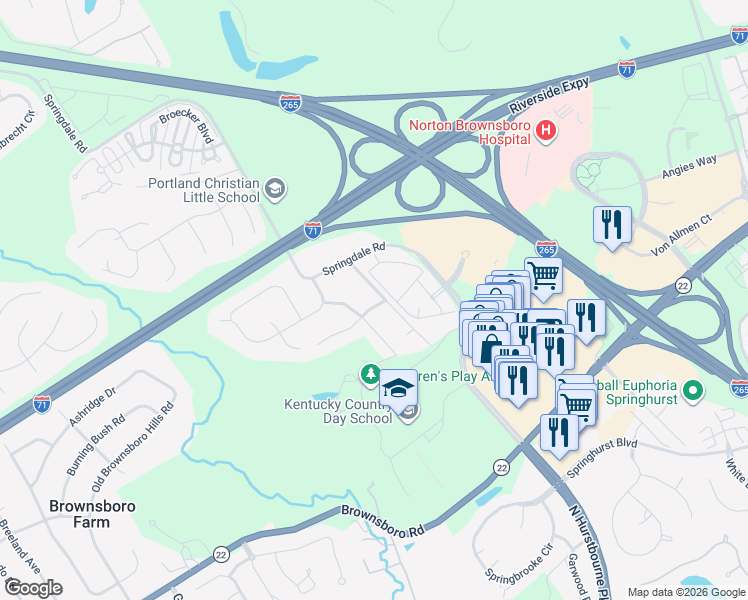map of restaurants, bars, coffee shops, grocery stores, and more near 8903 Swan Hill Road in Louisville