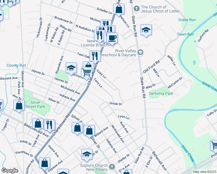 map of restaurants, bars, coffee shops, grocery stores, and more near 1673 Long Meadow Drive in New Albany
