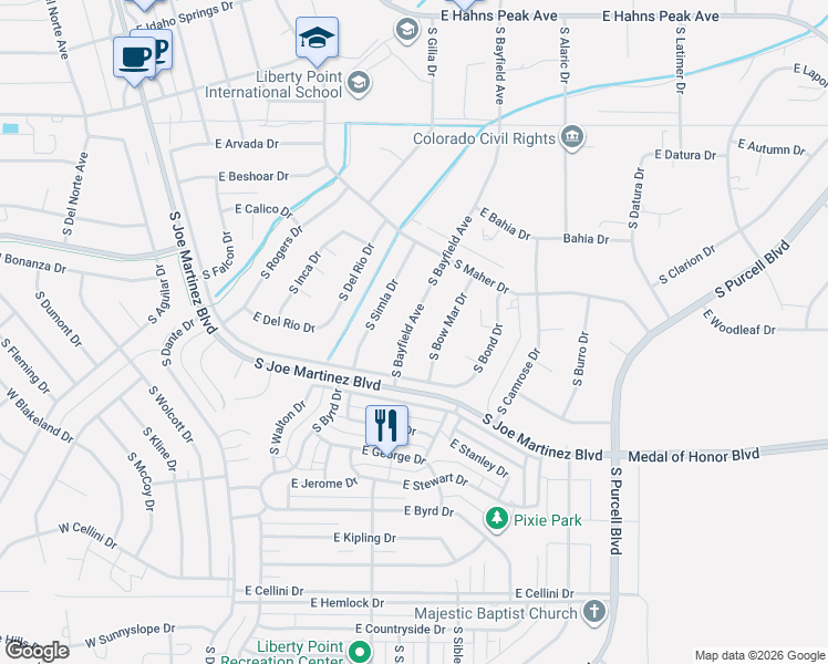 map of restaurants, bars, coffee shops, grocery stores, and more near 670 South Bayfield Avenue in Pueblo West