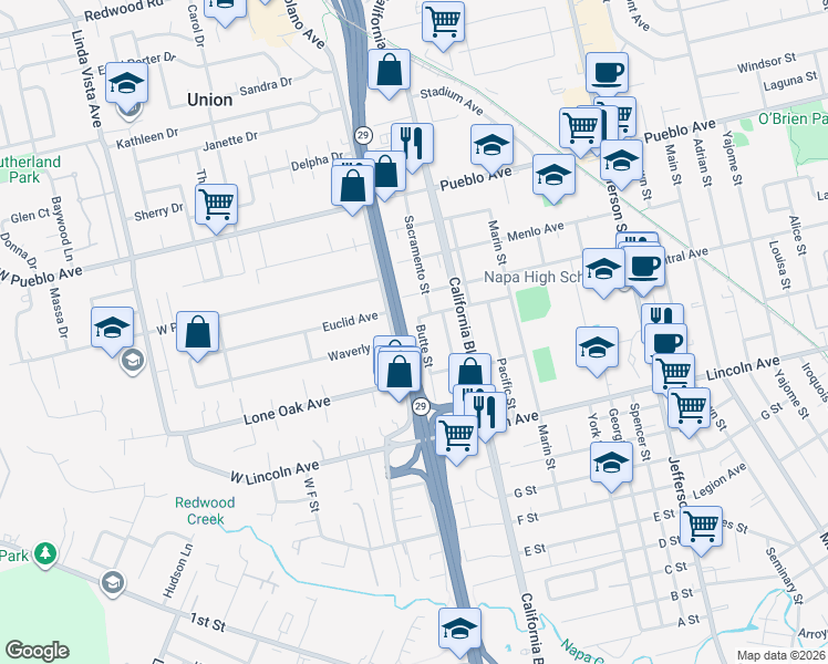 map of restaurants, bars, coffee shops, grocery stores, and more near 2569 Butte Street in Napa