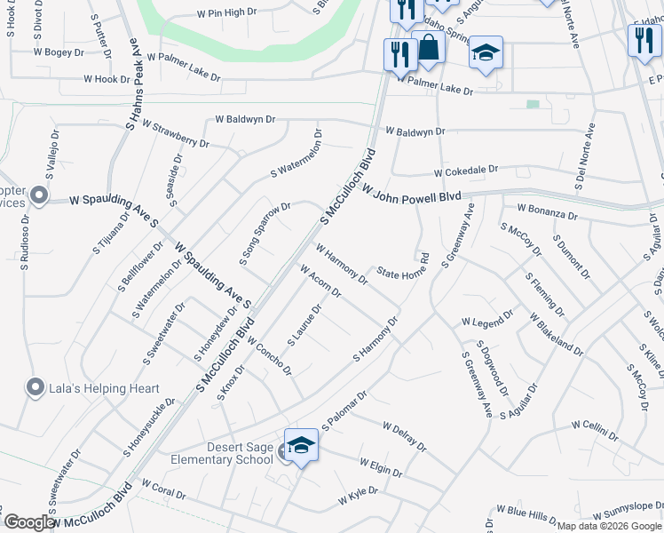 map of restaurants, bars, coffee shops, grocery stores, and more near 284 West Harmony Drive in Pueblo West