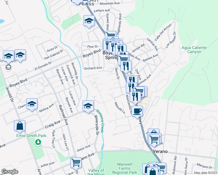 map of restaurants, bars, coffee shops, grocery stores, and more near 171 Sierra Place in Sonoma