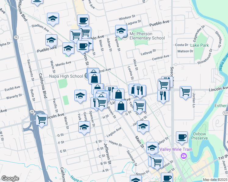 map of restaurants, bars, coffee shops, grocery stores, and more near 2280 Main Street in Napa