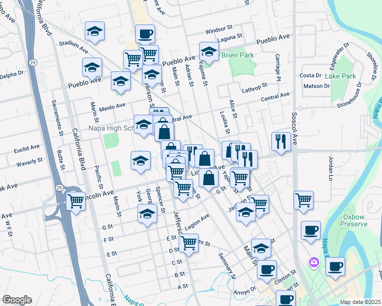 map of restaurants, bars, coffee shops, grocery stores, and more near 2280 Main Street in Napa