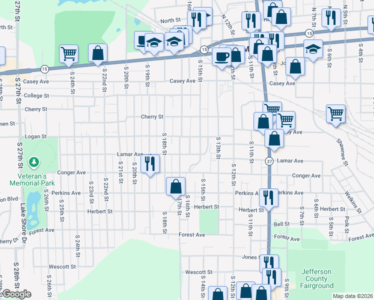 map of restaurants, bars, coffee shops, grocery stores, and more near 1501-1599 Lamar Avenue in Mount Vernon