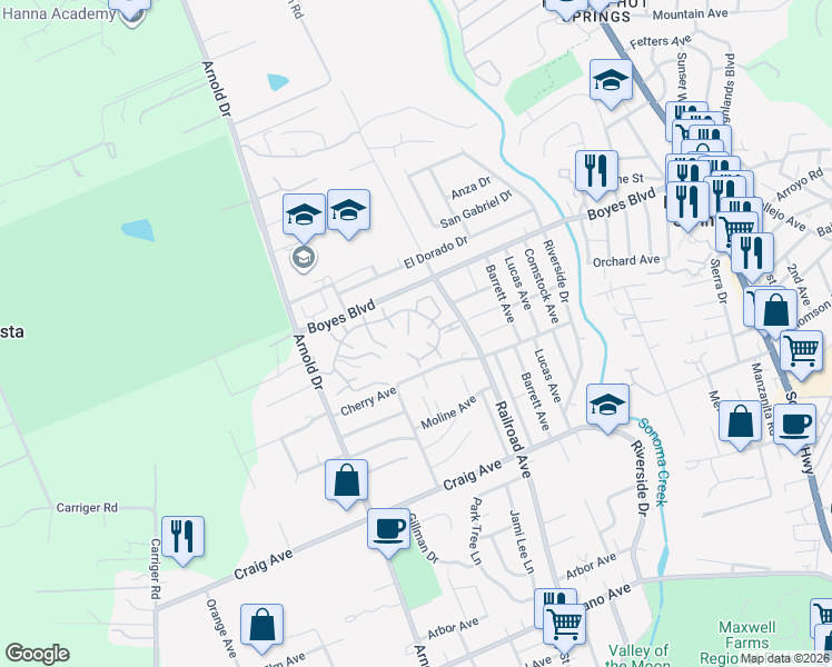 map of restaurants, bars, coffee shops, grocery stores, and more near 18113 California Court in Sonoma