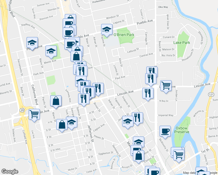 map of restaurants, bars, coffee shops, grocery stores, and more near 940 K Street in Napa