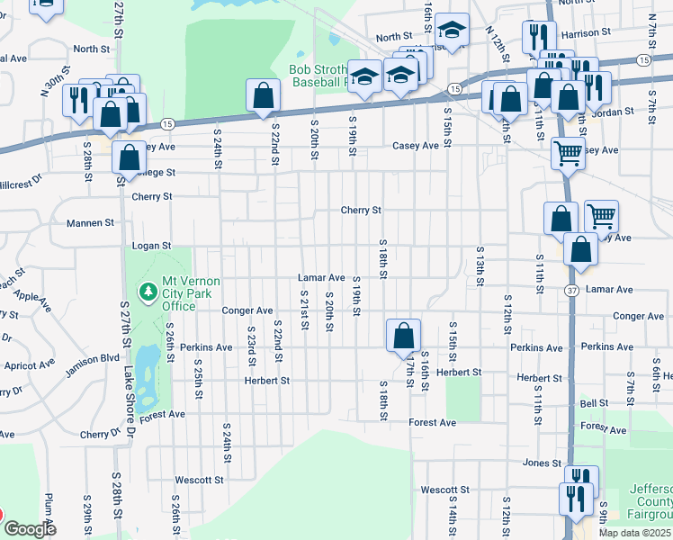 map of restaurants, bars, coffee shops, grocery stores, and more near 628 South 20th Street in Mount Vernon