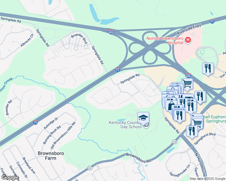 map of restaurants, bars, coffee shops, grocery stores, and more near 4627 Crossfield Circle in Louisville