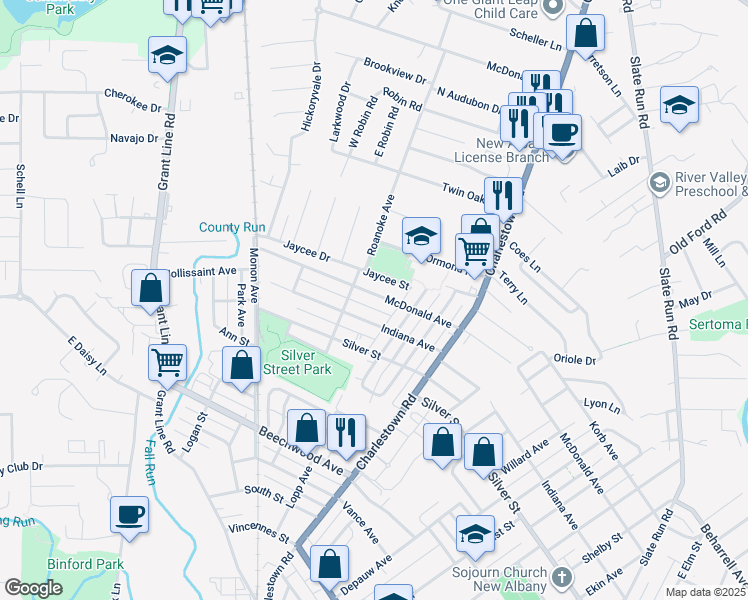 map of restaurants, bars, coffee shops, grocery stores, and more near 1925 McDonald Avenue in New Albany