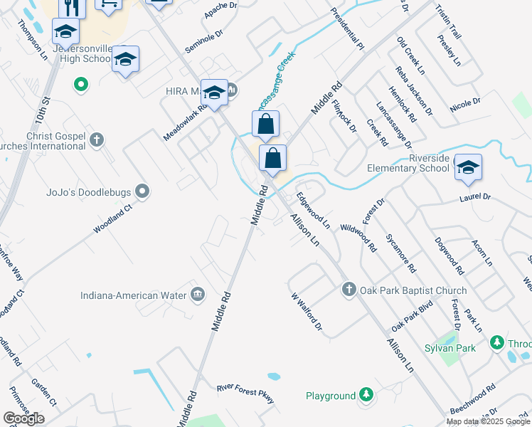 map of restaurants, bars, coffee shops, grocery stores, and more near 2900 Middle Road in Jeffersonville
