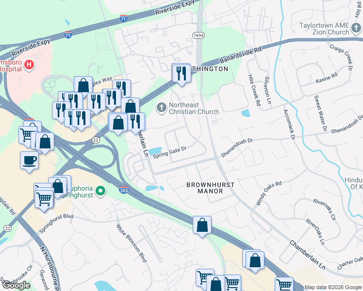 map of restaurants, bars, coffee shops, grocery stores, and more near 10001 Spring Gate Drive in Louisville