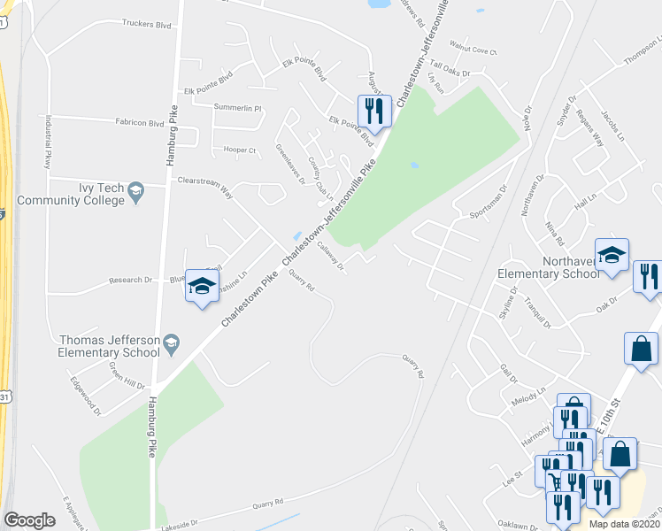 map of restaurants, bars, coffee shops, grocery stores, and more near 3011 Callaway Drive in Jeffersonville