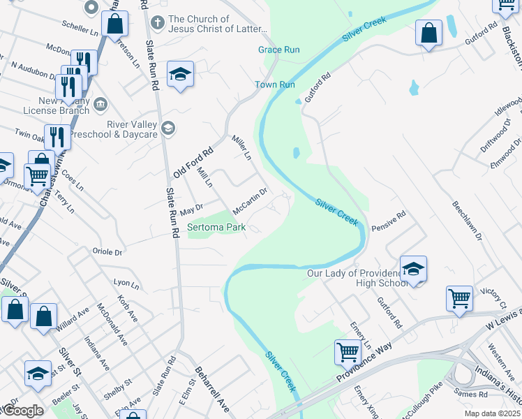 map of restaurants, bars, coffee shops, grocery stores, and more near Bellewood Drive in New Albany