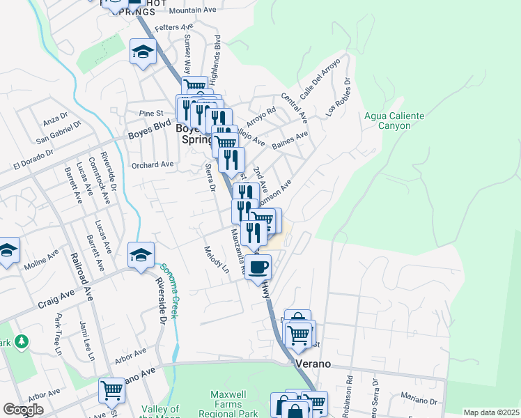 map of restaurants, bars, coffee shops, grocery stores, and more near 126 East Thomson Avenue in Sonoma