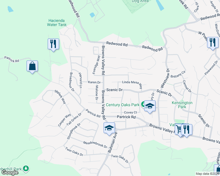 map of restaurants, bars, coffee shops, grocery stores, and more near 3428 Scenic Drive in Napa